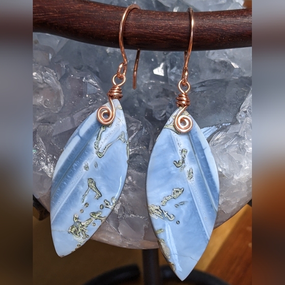 Artisan Blue Opal Gemstone Earrings Copper Wrap Spiral Marquise Lightweight - Picture 12 of 16